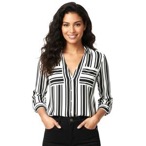 Express The Portofino Shirt Black White Striped Roll Tab Sleeve XS